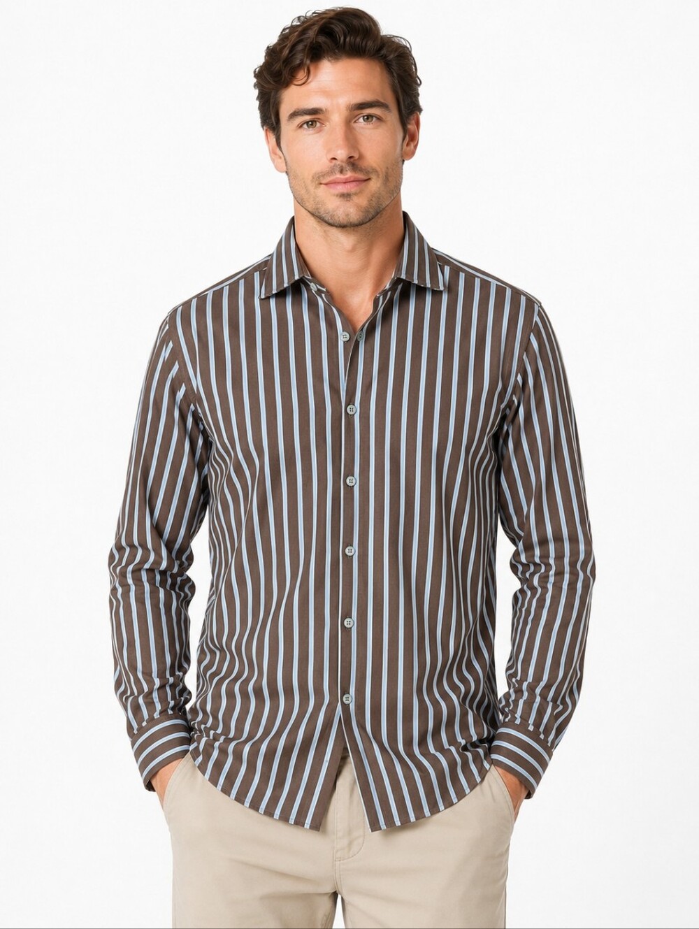 Banana Republic Brown Blue Stripe Button Shirt L 16-16.5‎ 100% Cotton 2004